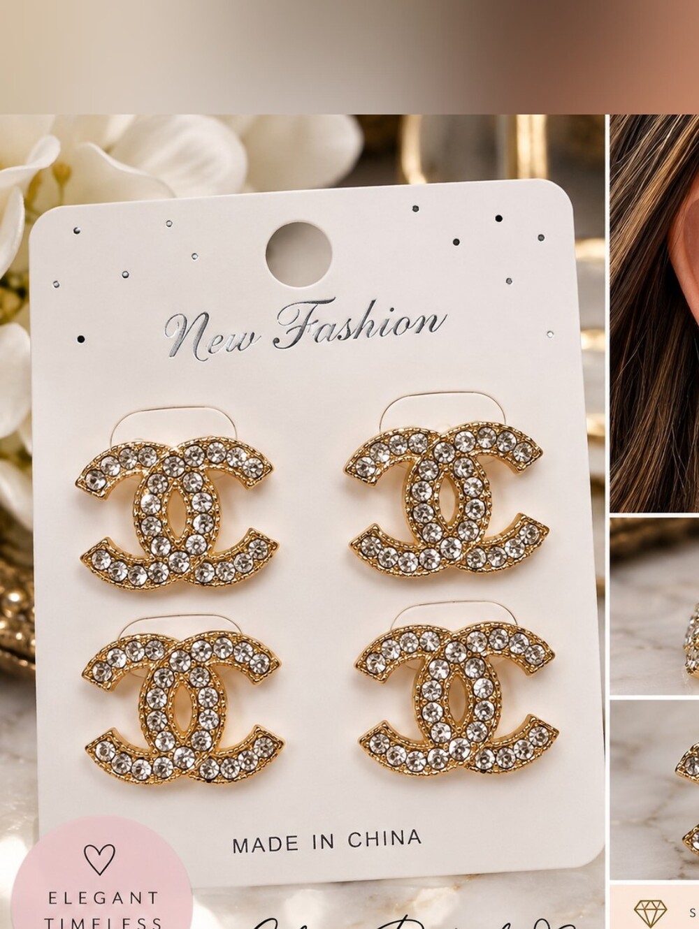 New Fashion Gold Crystal Interlocking Logo Stud Earrings
